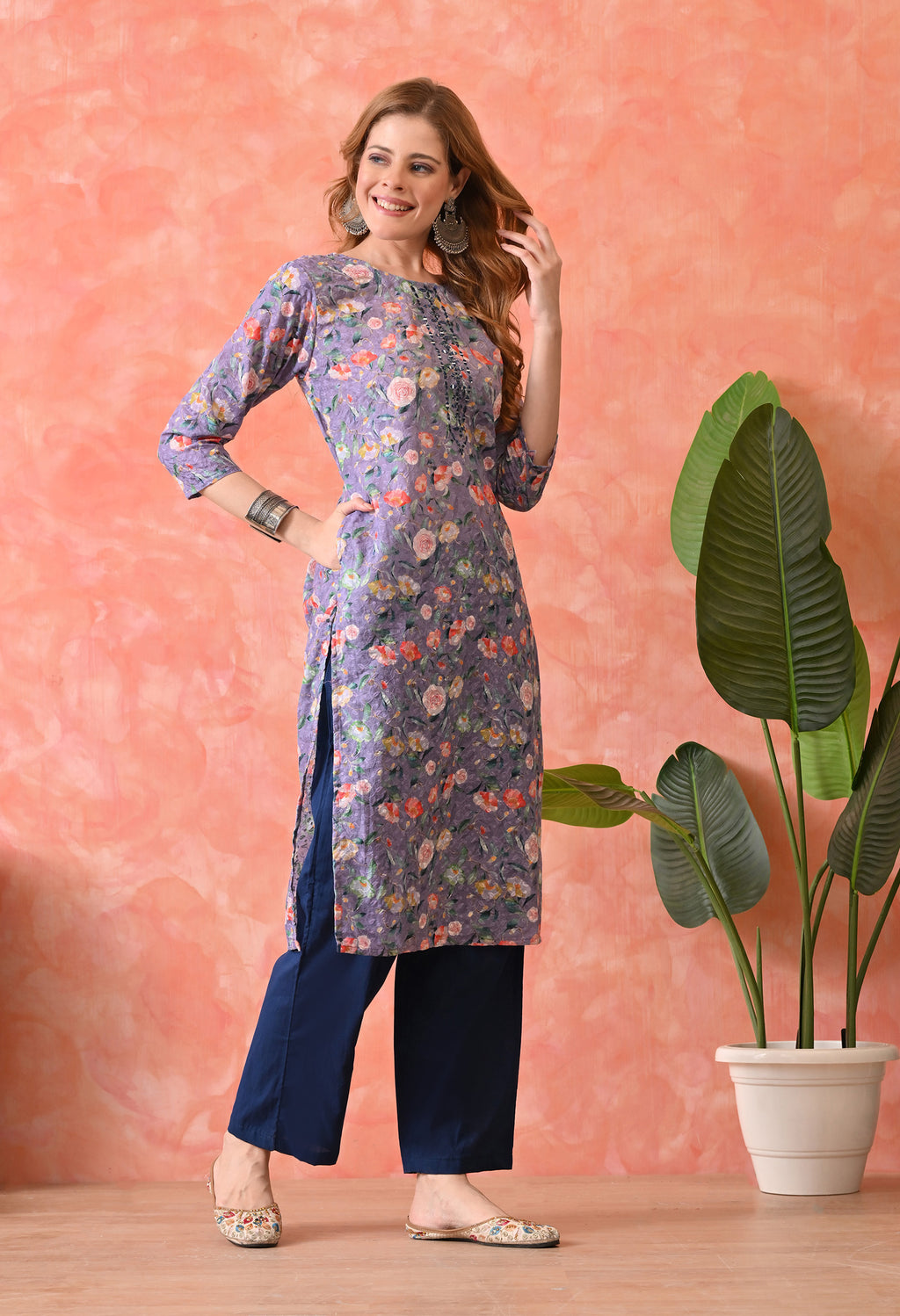 Women’s Chikankari Embroidered D.Purple Kurti with Cotton 60×60 Pant and Dupatta – 3-Piece Ethnic Wear Set