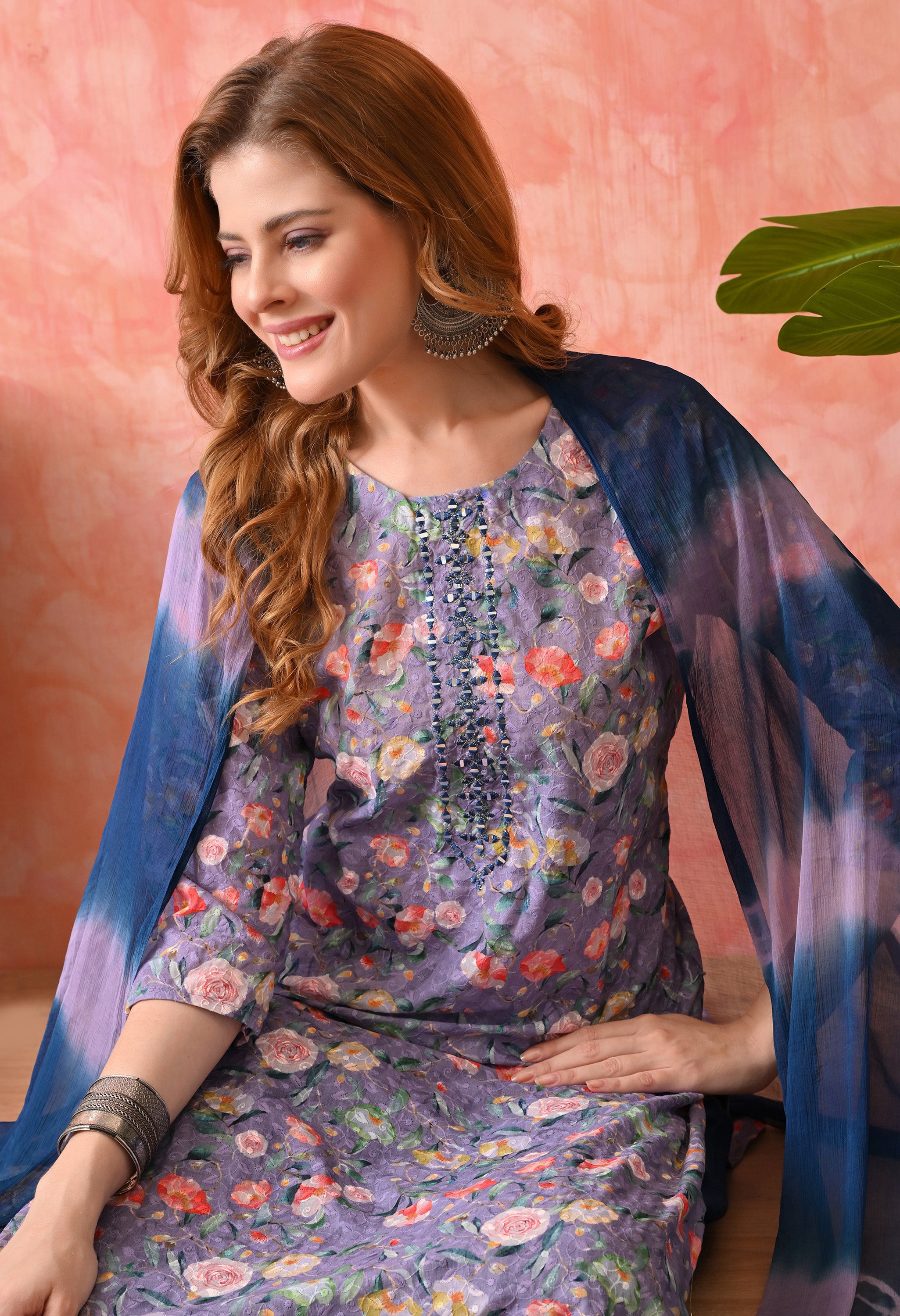 Women’s Chikankari Embroidered D.Purple Kurti with Cotton 60×60 Pant and Dupatta – 3-Piece Ethnic Wear Set