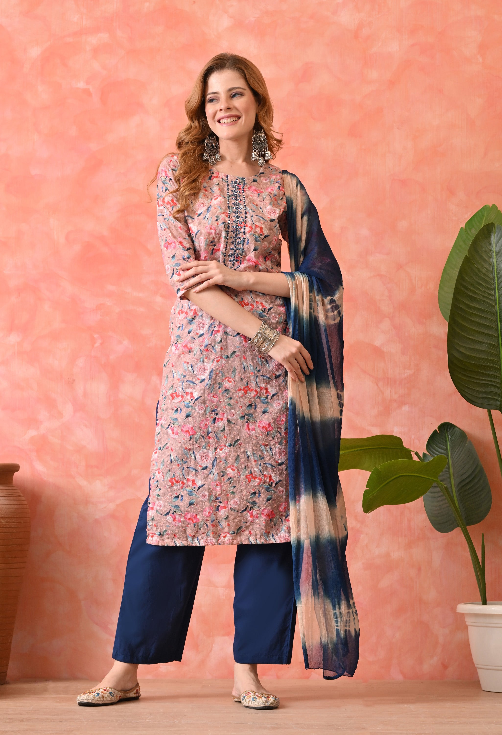 Women’s Chikankari Khaki Embroidered Kurti with Cotton 60×60 Pant and Dupatta – 3-Piece Ethnic Wear Set