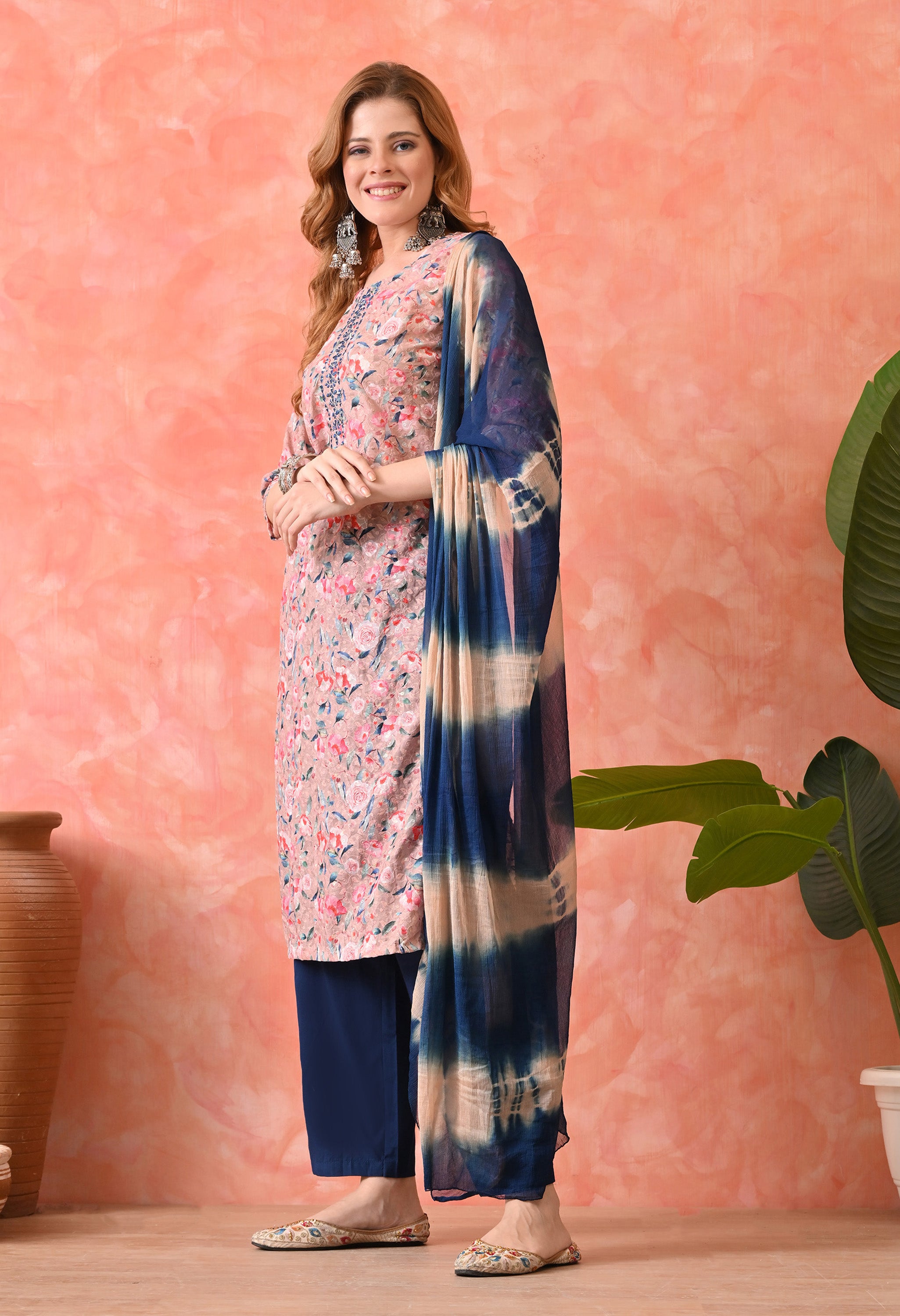 Women’s Chikankari Khaki Embroidered Kurti with Cotton 60×60 Pant and Dupatta – 3-Piece Ethnic Wear Set