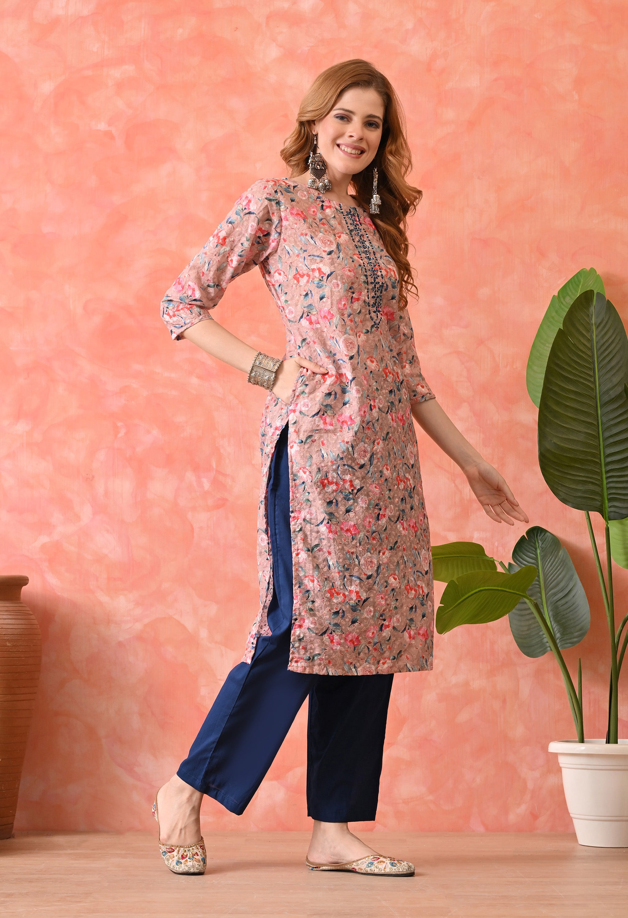 Women’s Chikankari Khaki Embroidered Kurti with Cotton 60×60 Pant and Dupatta – 3-Piece Ethnic Wear Set