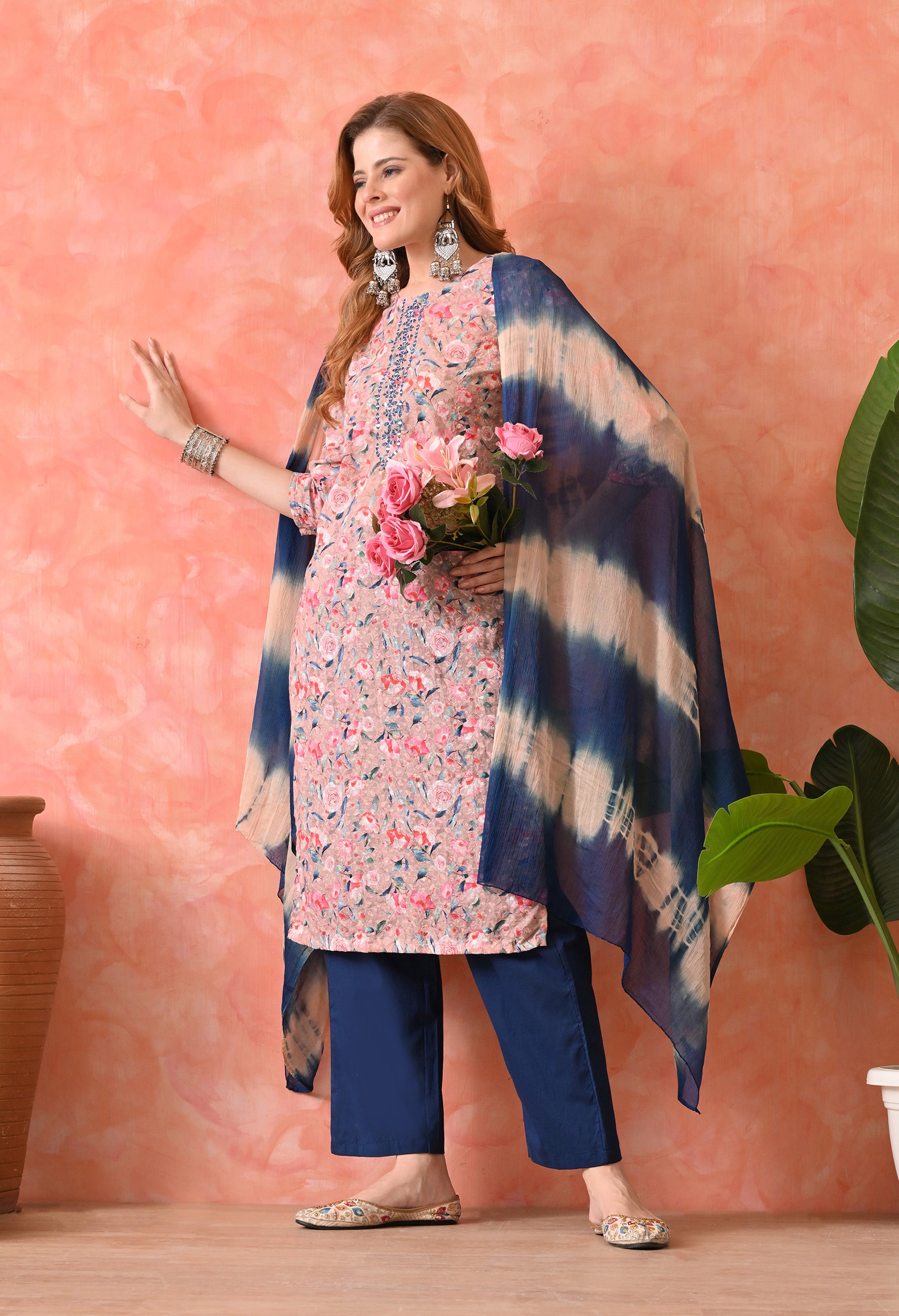 Women’s Chikankari Khaki Embroidered Kurti with Cotton 60×60 Pant and Dupatta – 3-Piece Ethnic Wear Set