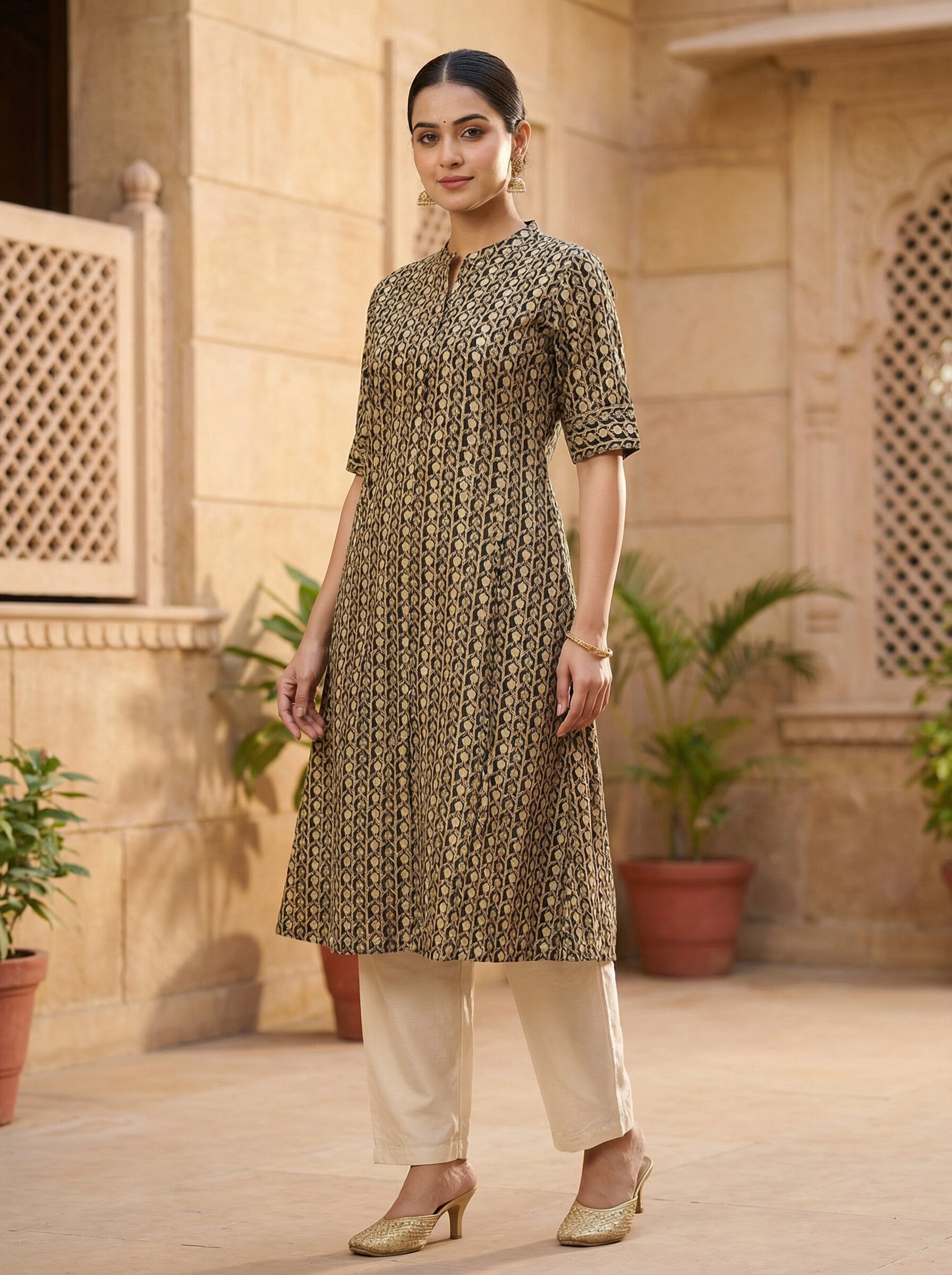 Women’s Jaipuri Printed Pure Cotton Black A-Line Kurta with 3/4 Sleeves & Front Button Placket