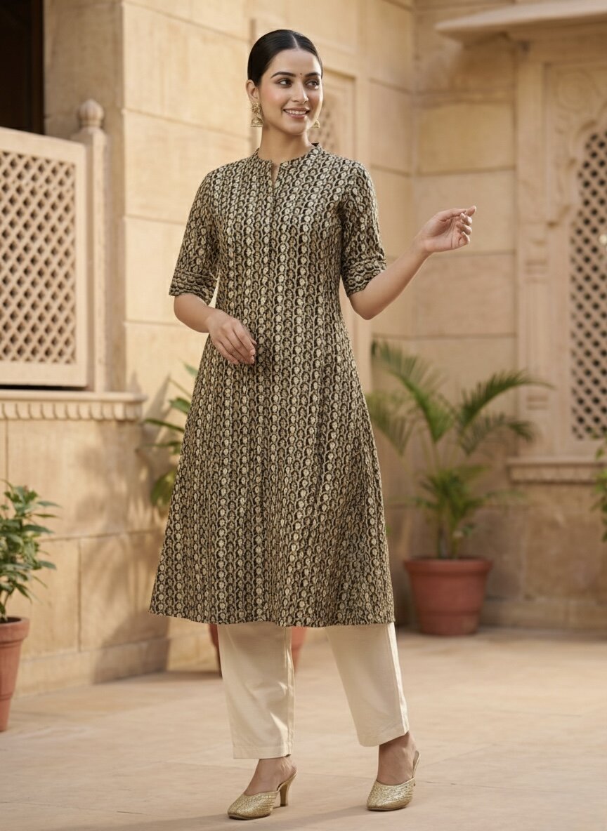 Women’s Jaipuri Printed Pure Cotton Black A-Line Kurta with 3/4 Sleeves & Front Button Placket