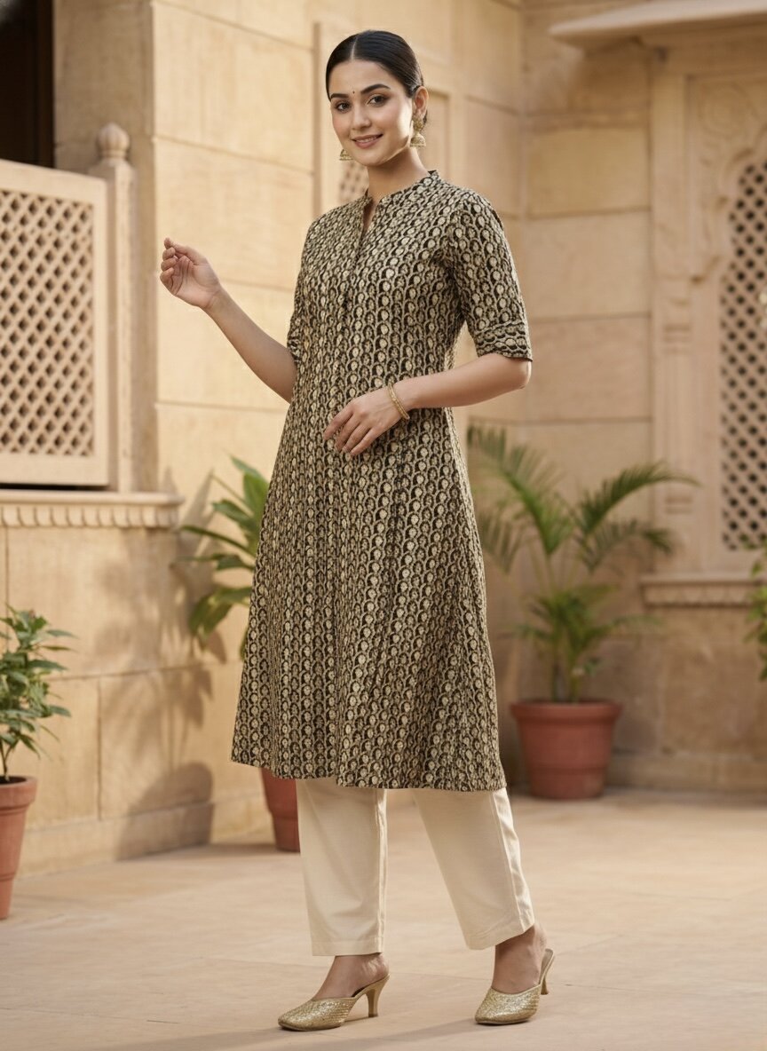Women’s Jaipuri Printed Pure Cotton Black A-Line Kurta with 3/4 Sleeves & Front Button Placket
