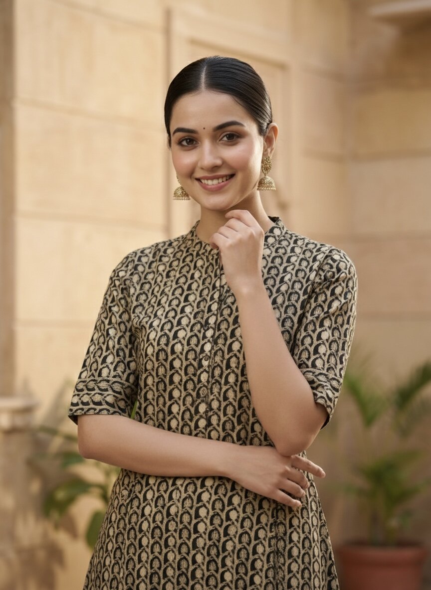 Women’s Jaipuri Printed Pure Cotton Black A-Line Kurta with 3/4 Sleeves & Front Button Placket