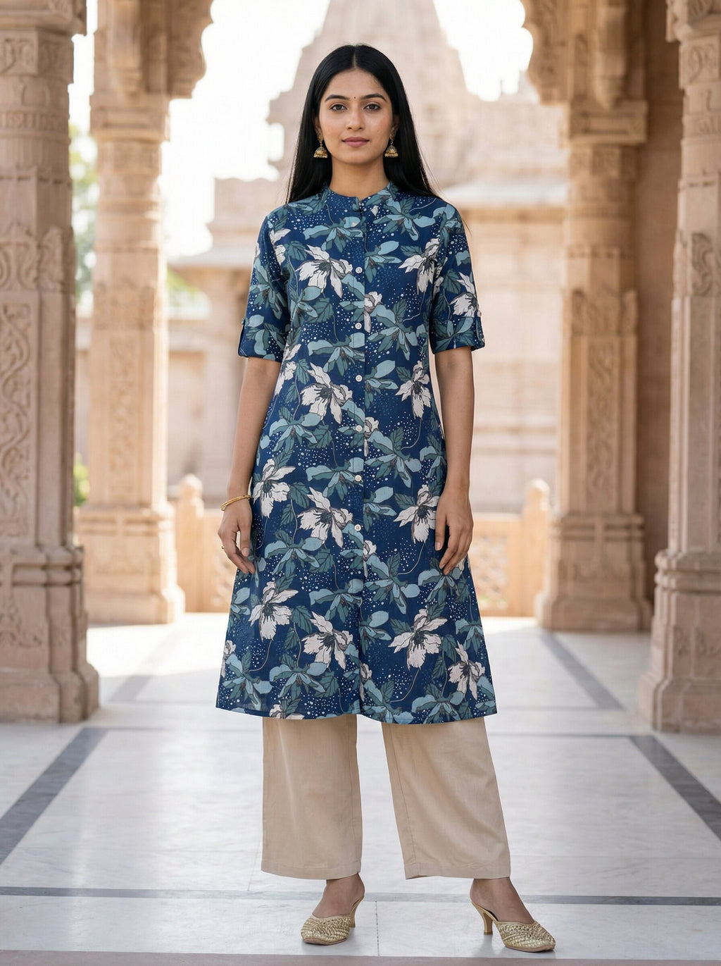 Women’s Jaipuri Printed Pure Cotton Bleno A-Line Kurta with 3/4 Sleeves & Front Button Placket