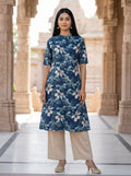 Women’s Jaipuri Printed Pure Cotton Bleno A-Line Kurta with 3/4 Sleeves & Front Button Placket