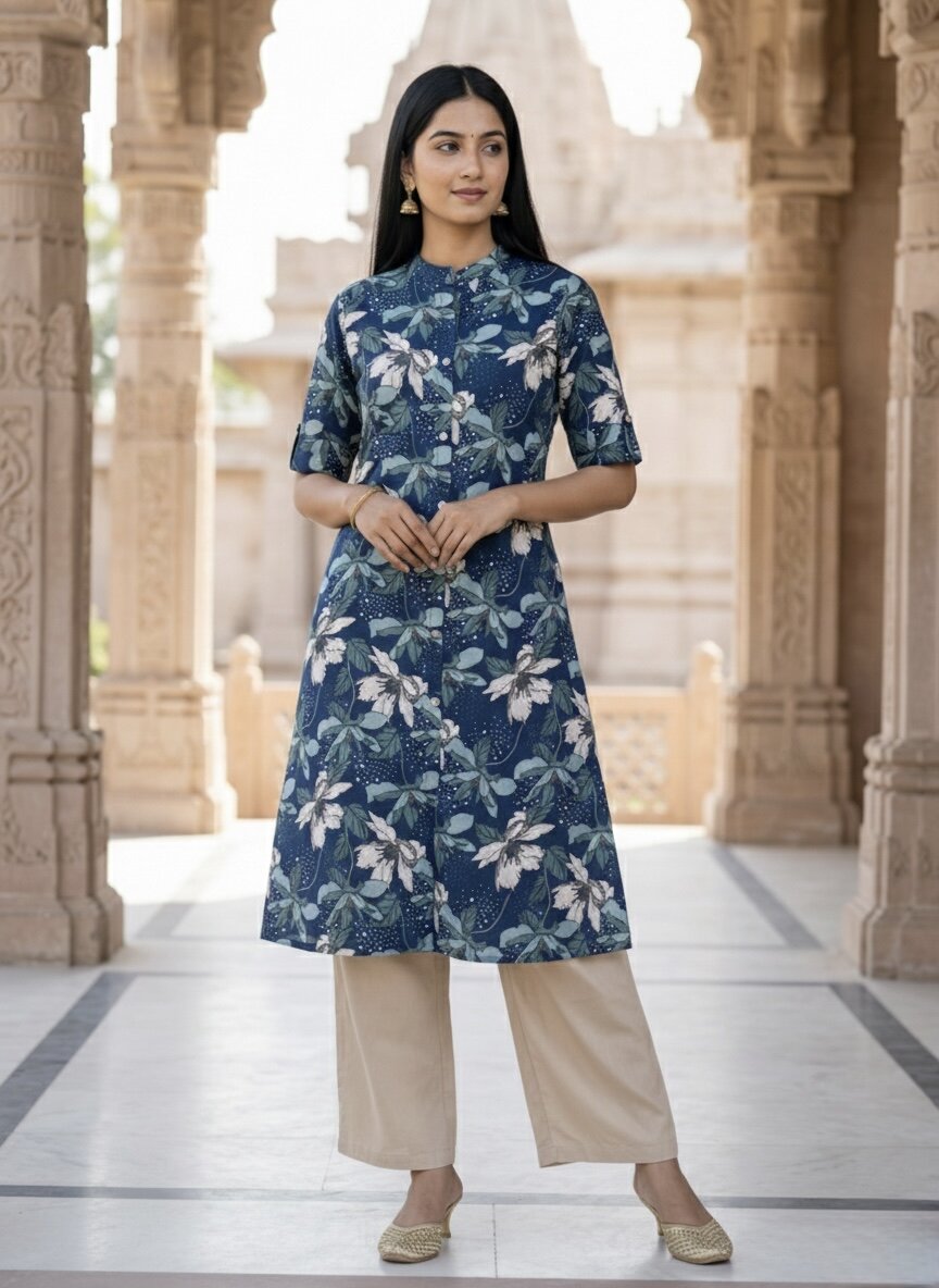 Women’s Jaipuri Printed Pure Cotton Bleno A-Line Kurta with 3/4 Sleeves & Front Button Placket