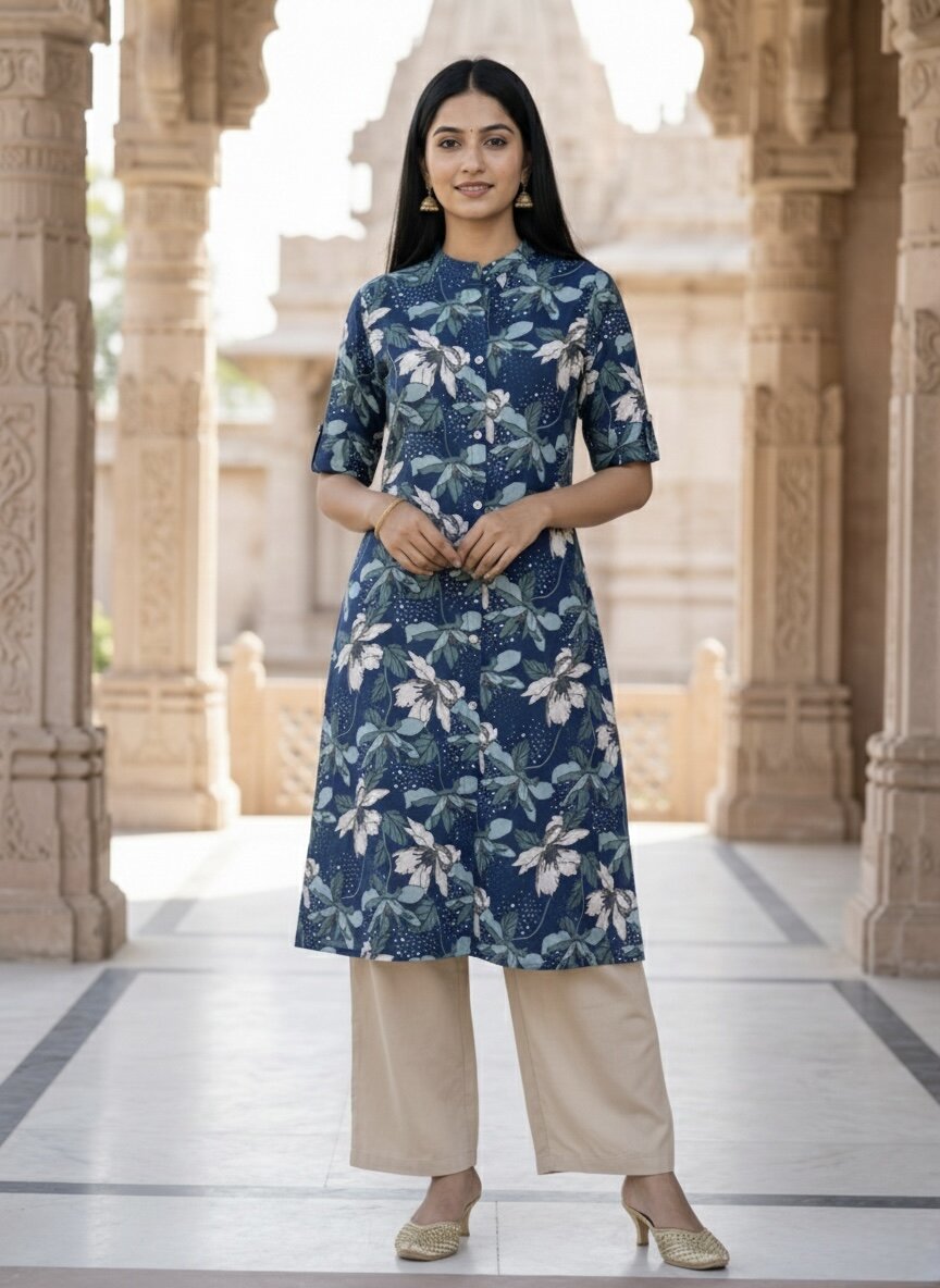 Women’s Jaipuri Printed Pure Cotton Bleno A-Line Kurta with 3/4 Sleeves & Front Button Placket