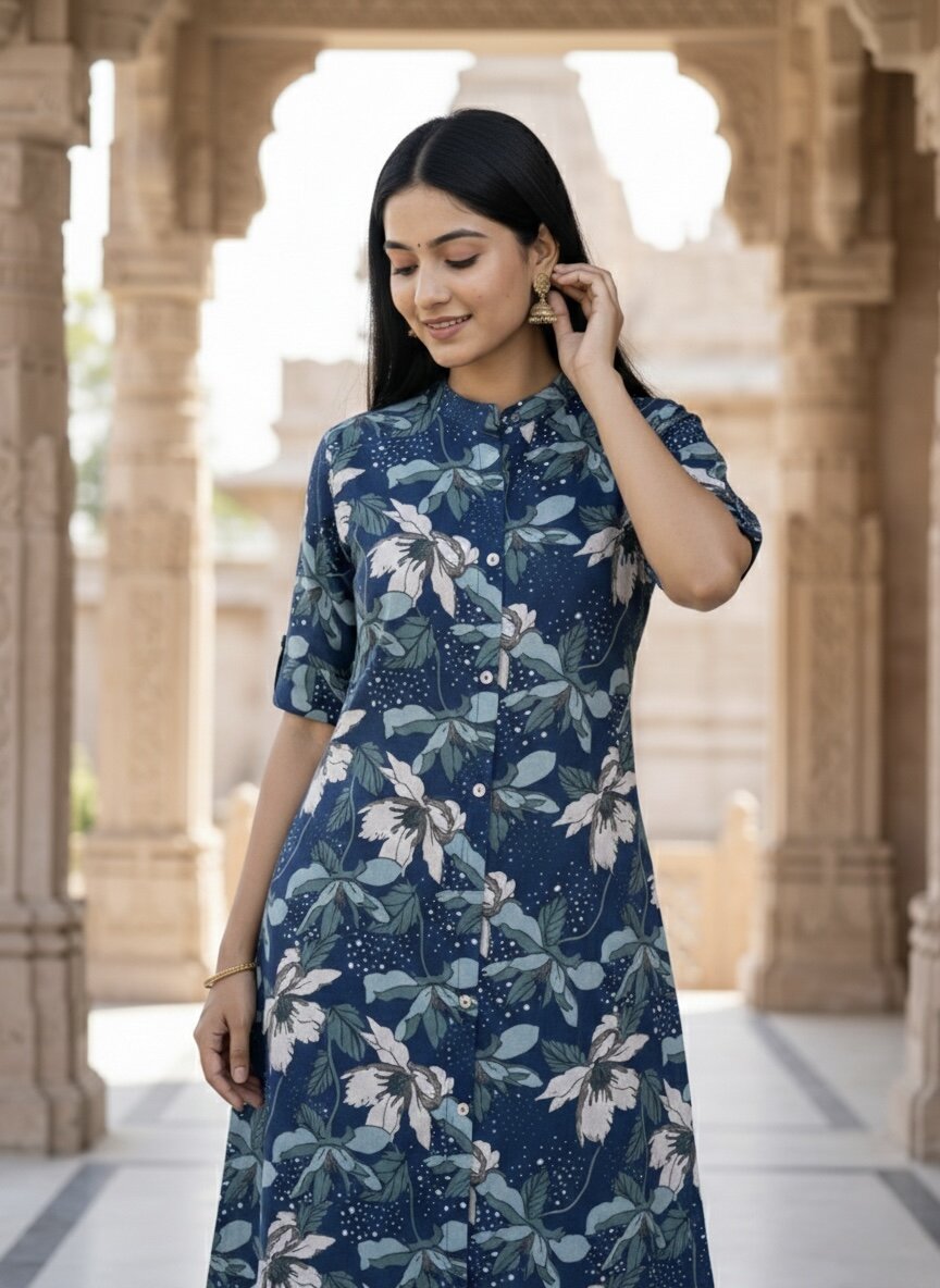 Women’s Jaipuri Printed Pure Cotton Bleno A-Line Kurta with 3/4 Sleeves & Front Button Placket