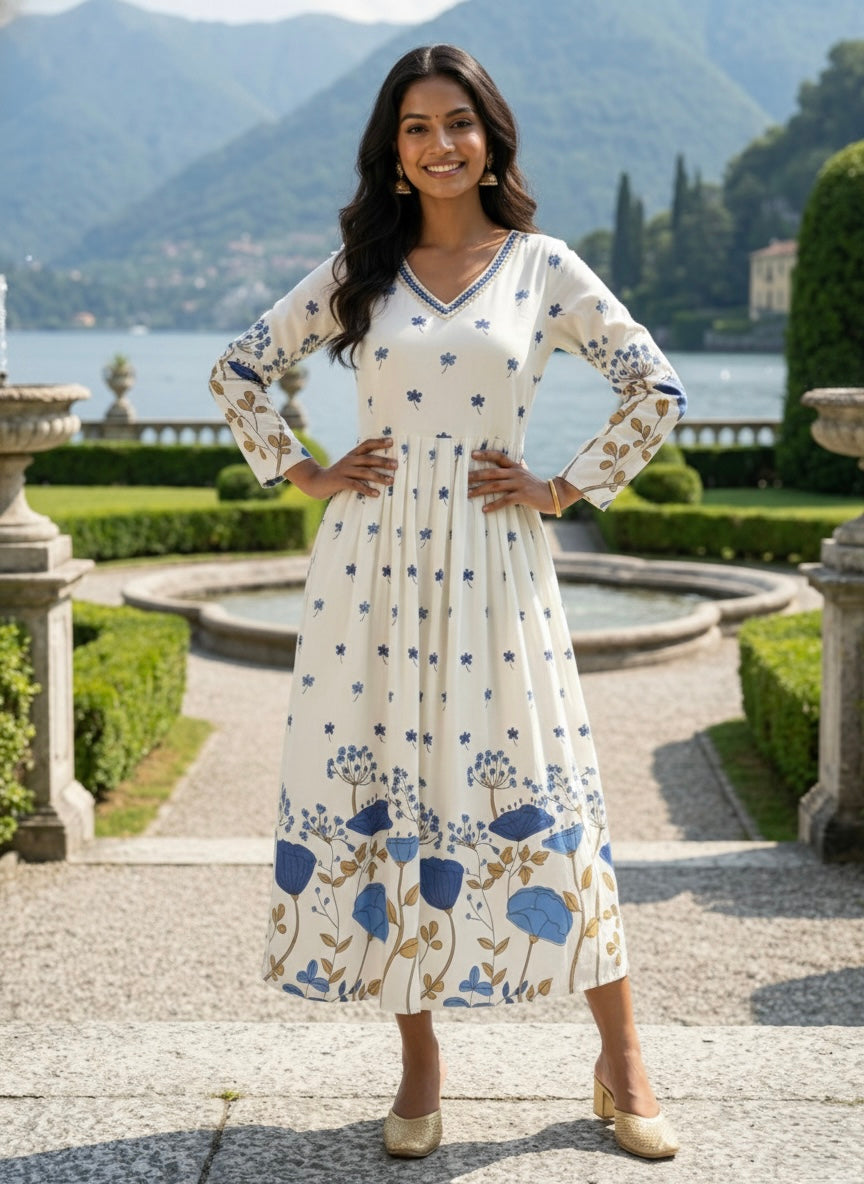 Women’s Rayon Slub Floral Printed Blue Anarkali Kurti with V-Neck and Long Sleeves