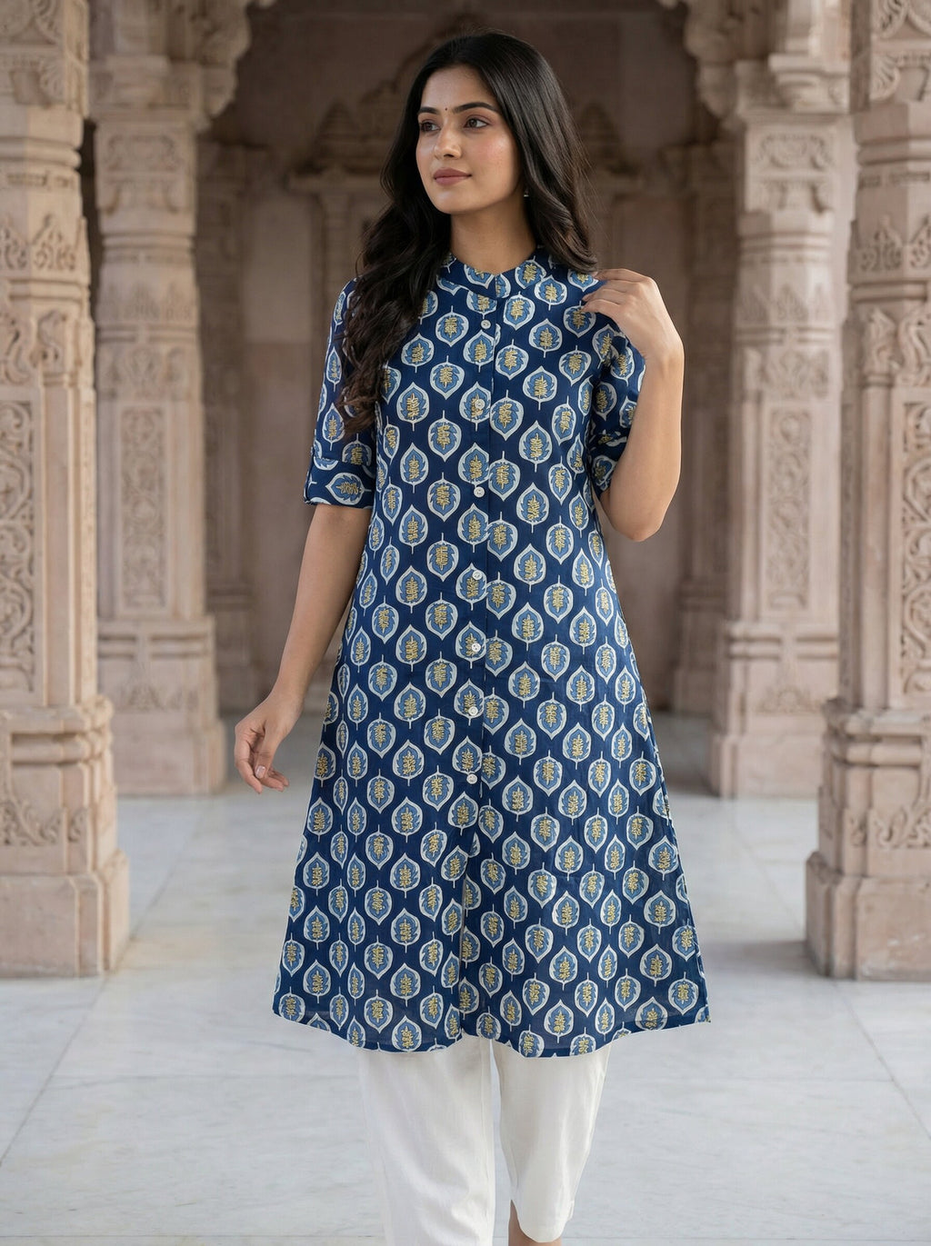 Women’s Jaipuri Printed Pure Cotton Blue A-Line Kurta with 3/4 Sleeves & Front Button Placket