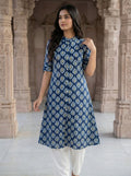 Women’s Jaipuri Printed Pure Cotton Blue A-Line Kurta with 3/4 Sleeves & Front Button Placket