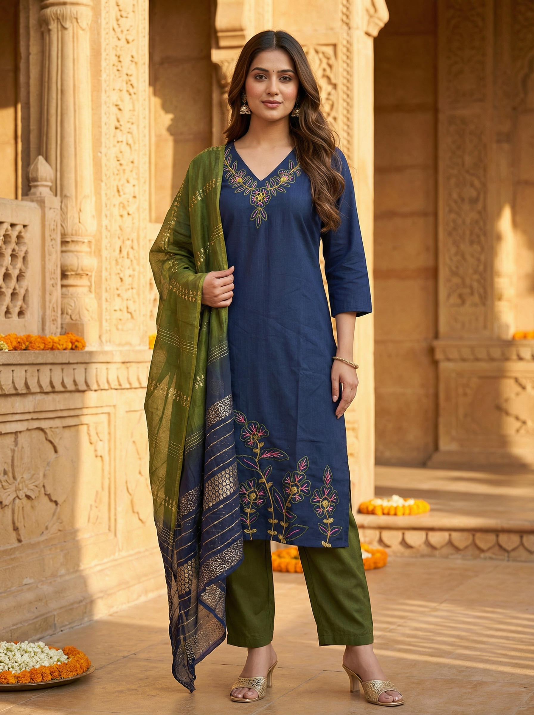 Women’s Vetican Fabric Embroidered Blue Kurta Set with Pant and Dupatta