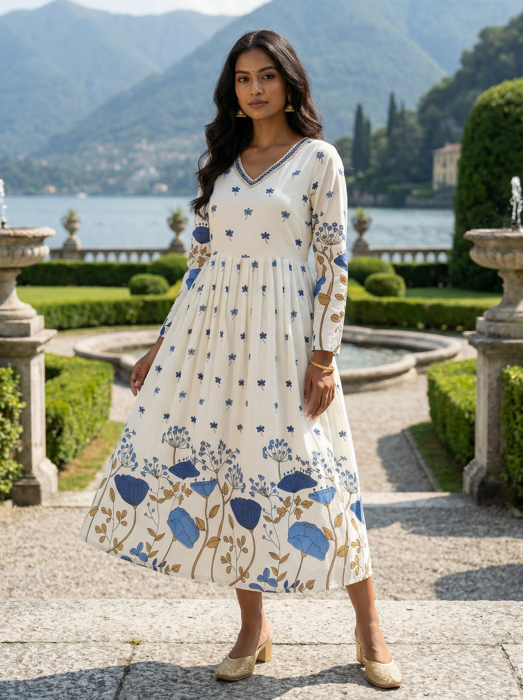 Women’s Rayon Slub Floral Printed Blue Anarkali Kurti with V-Neck and Long Sleeves