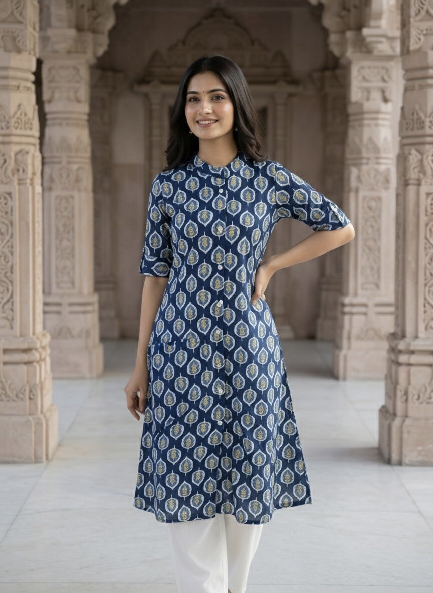 Women’s Jaipuri Printed Pure Cotton Blue A-Line Kurta with 3/4 Sleeves & Front Button Placket