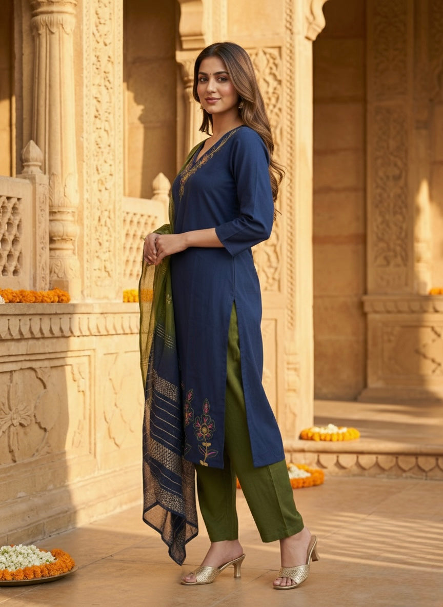 Women’s Vetican Fabric Embroidered Blue Kurta Set with Pant and Dupatta