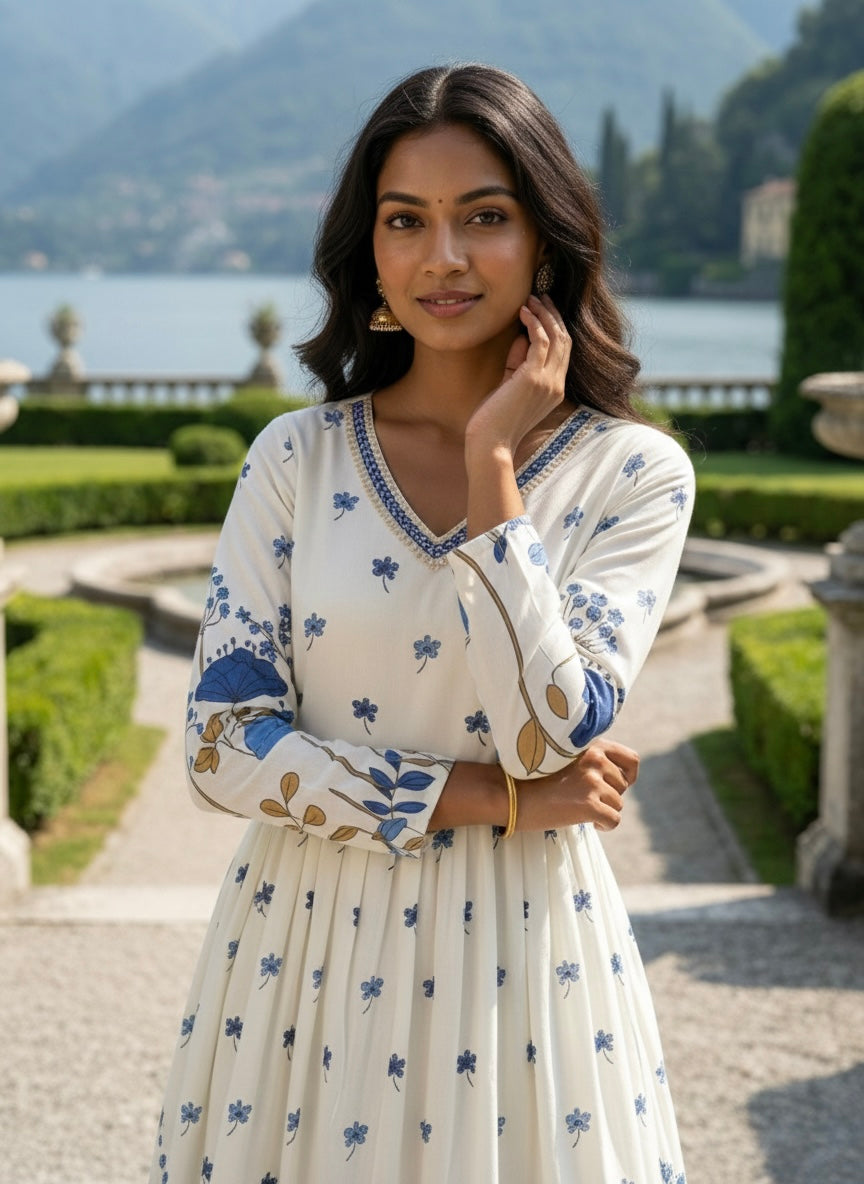Women’s Rayon Slub Floral Printed Blue Anarkali Kurti with V-Neck and Long Sleeves