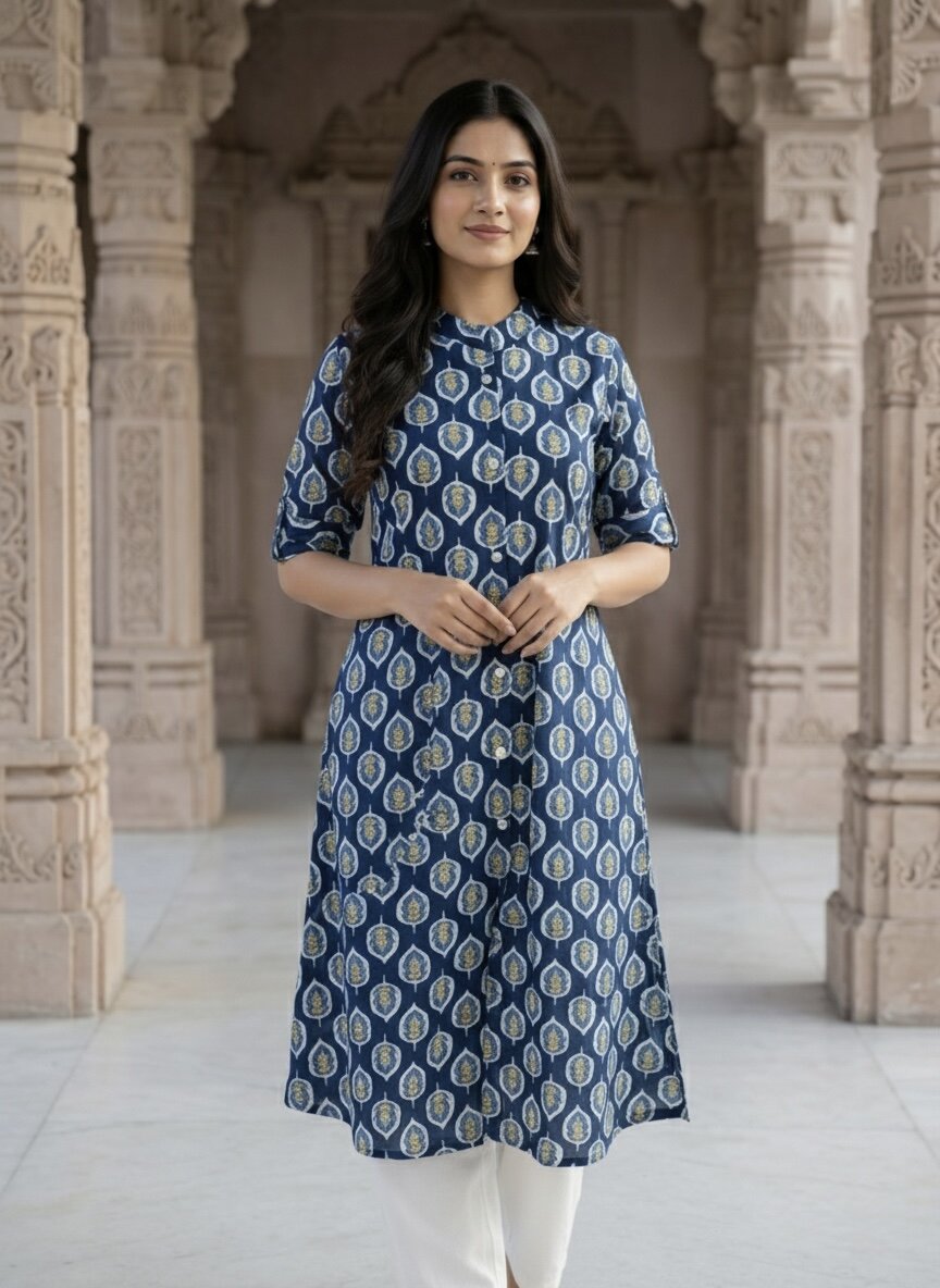Women’s Jaipuri Printed Pure Cotton Blue A-Line Kurta with 3/4 Sleeves & Front Button Placket