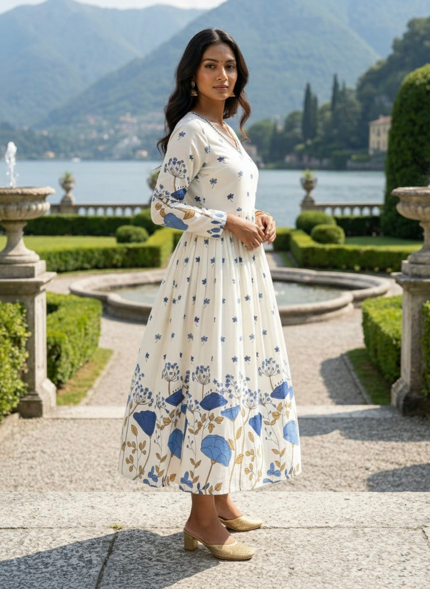 Women’s Rayon Slub Floral Printed Blue Anarkali Kurti with V-Neck and Long Sleeves