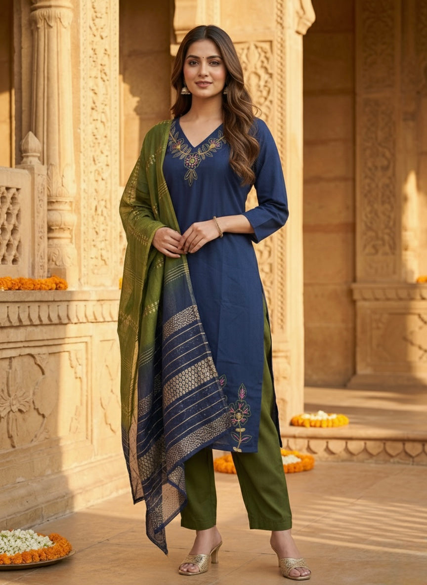 Women’s Vetican Fabric Embroidered Blue Kurta Set with Pant and Dupatta