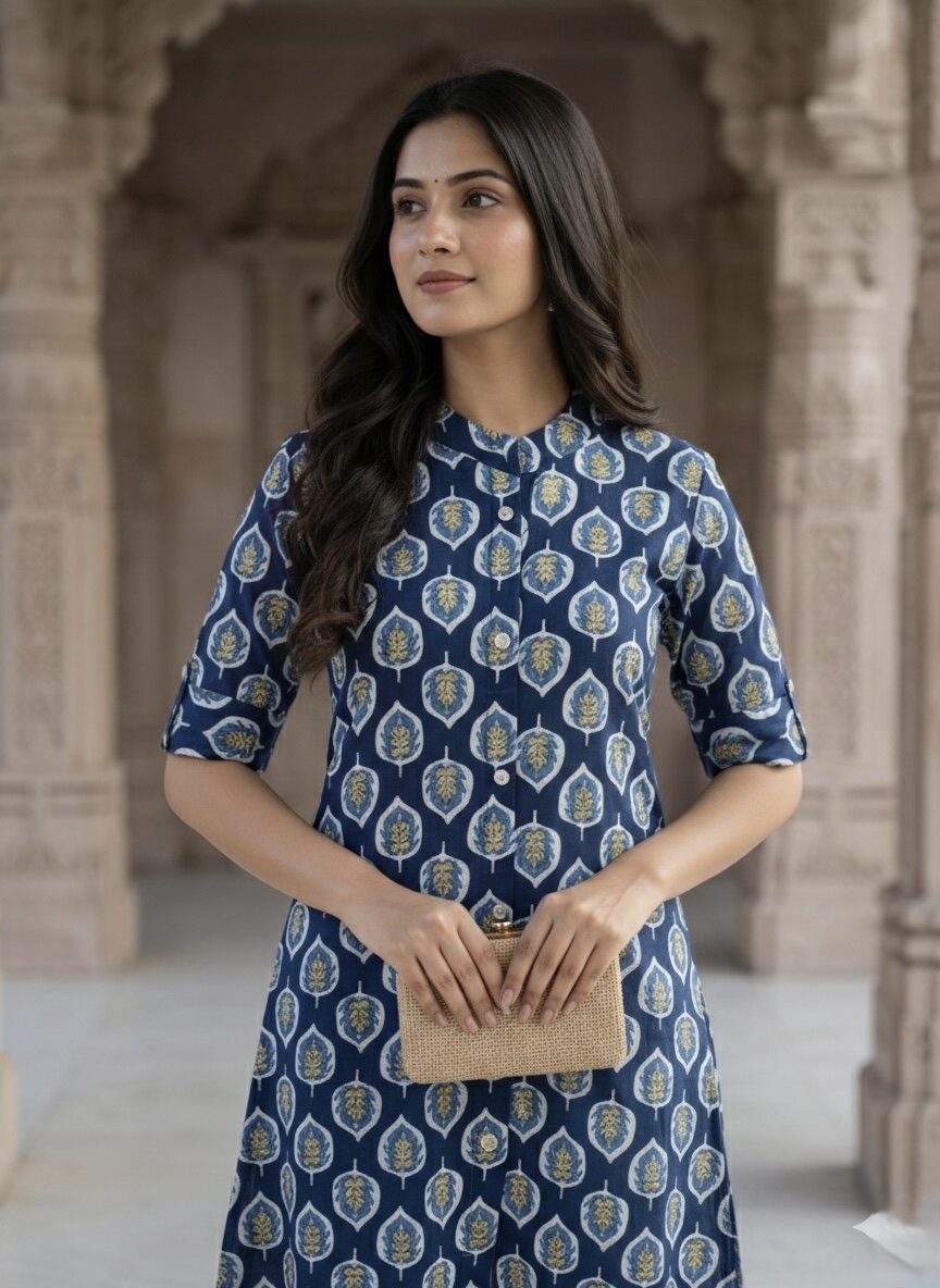 Women’s Jaipuri Printed Pure Cotton Blue A-Line Kurta with 3/4 Sleeves & Front Button Placket