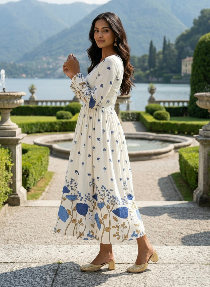 Women’s Rayon Slub Floral Printed Blue Anarkali Kurti with V-Neck and Long Sleeves