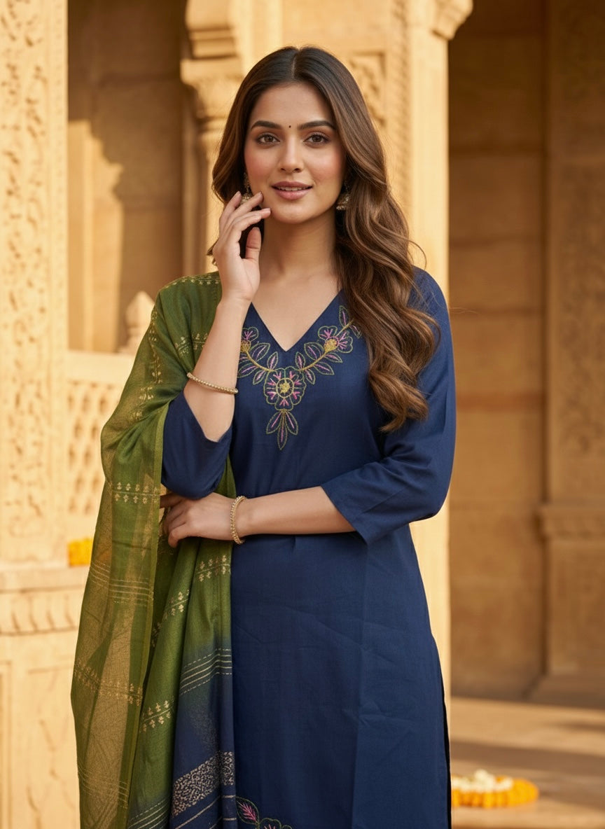 Women’s Vetican Fabric Embroidered Blue Kurta Set with Pant and Dupatta