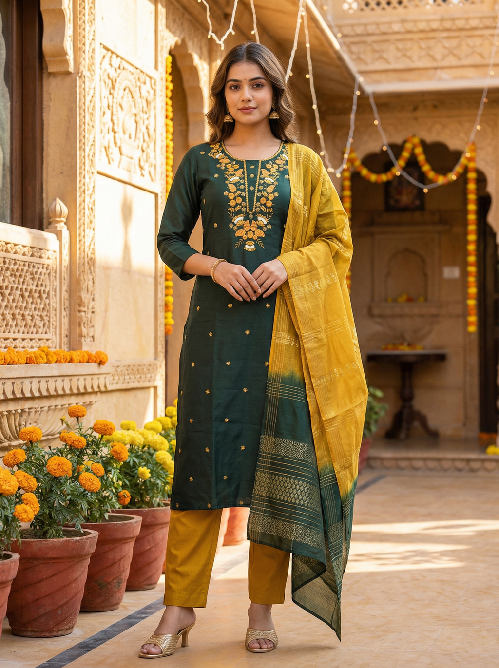 Women’s Vetican Fabric Embroidered Bottle Green Kurta Set with Pant and Dupatta