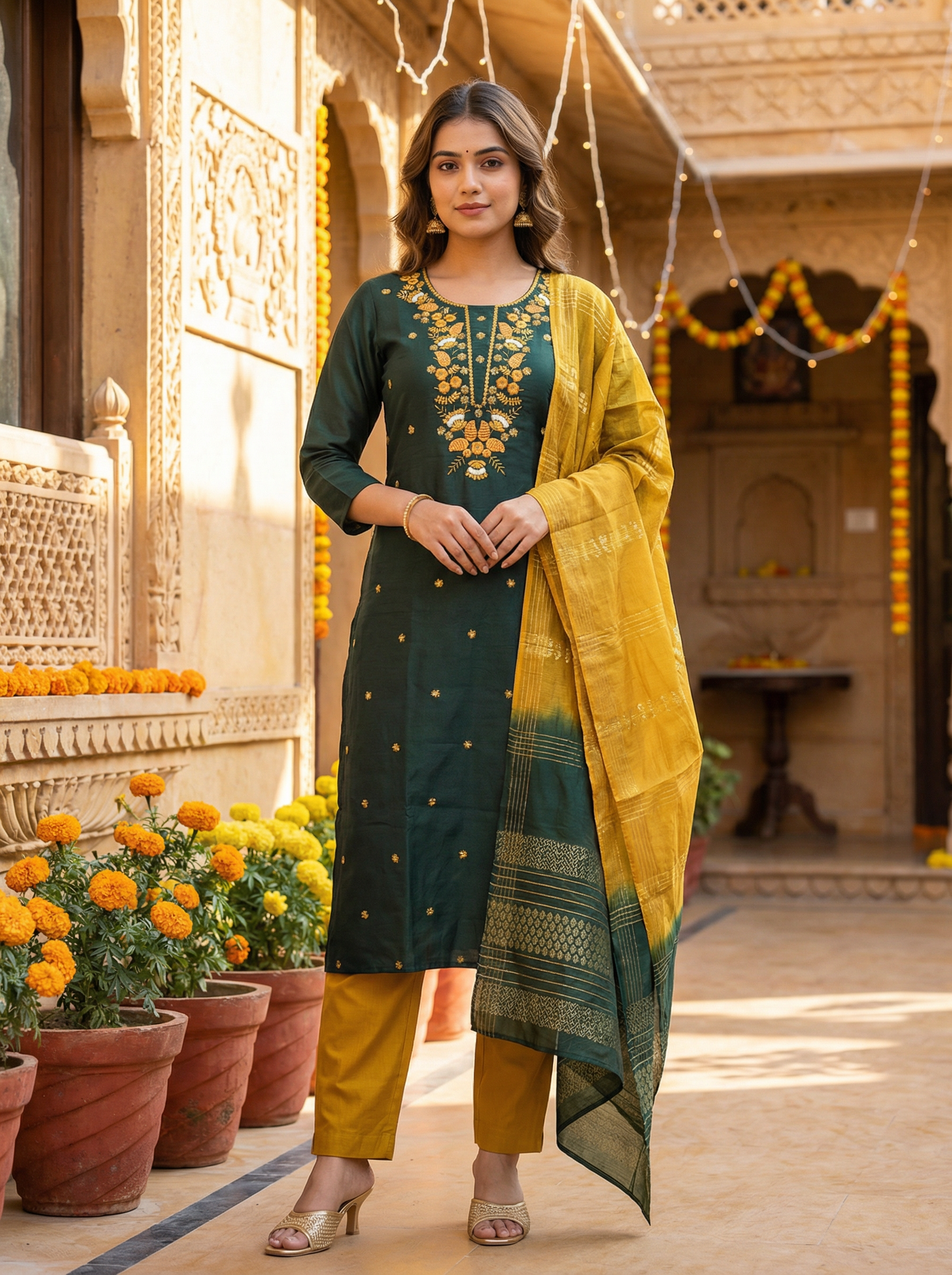 Women’s Vetican Fabric Embroidered Bottle Green Kurta Set with Pant and Dupatta