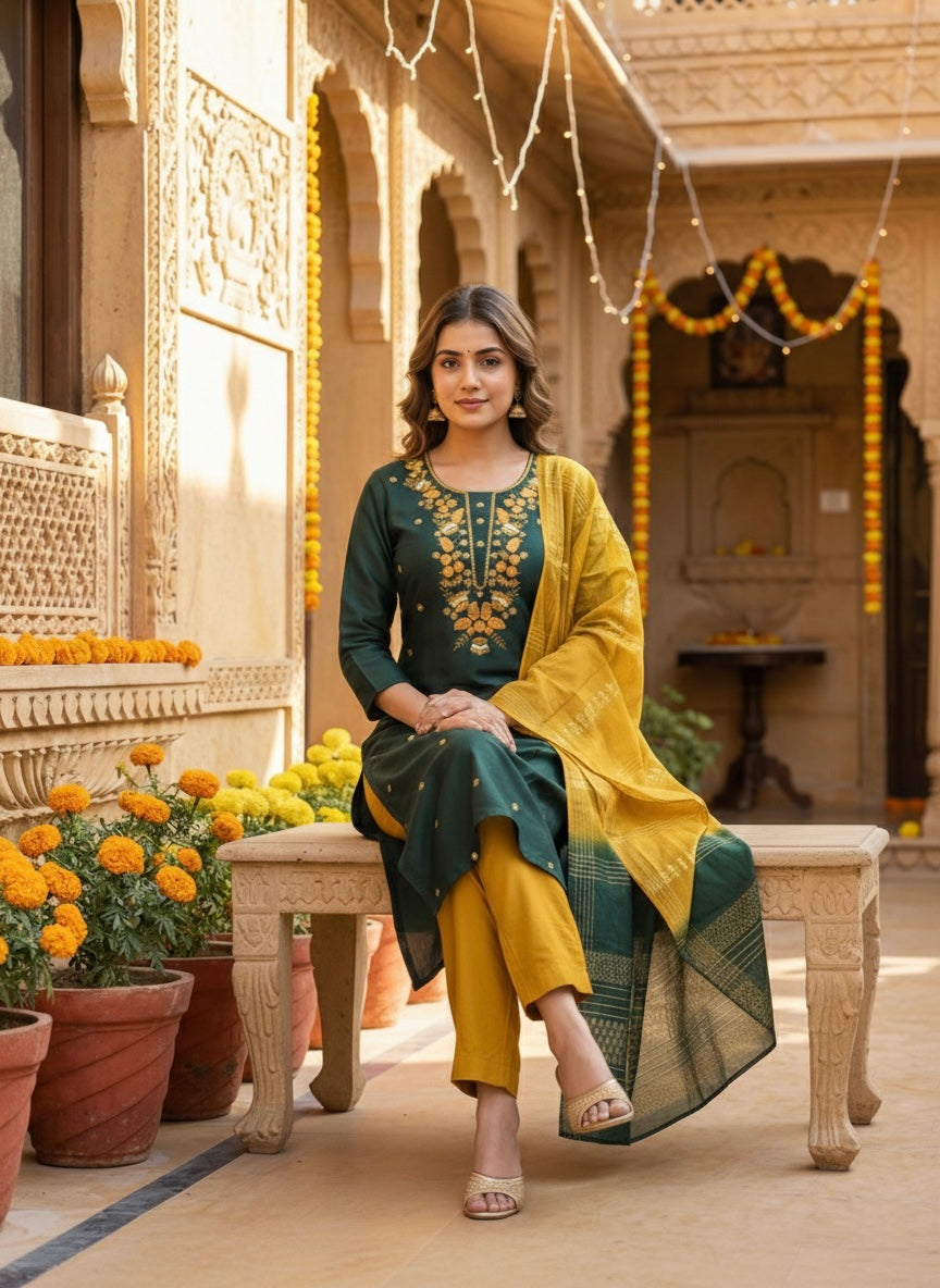 Women’s Vetican Fabric Embroidered Bottle Green Kurta Set with Pant and Dupatta