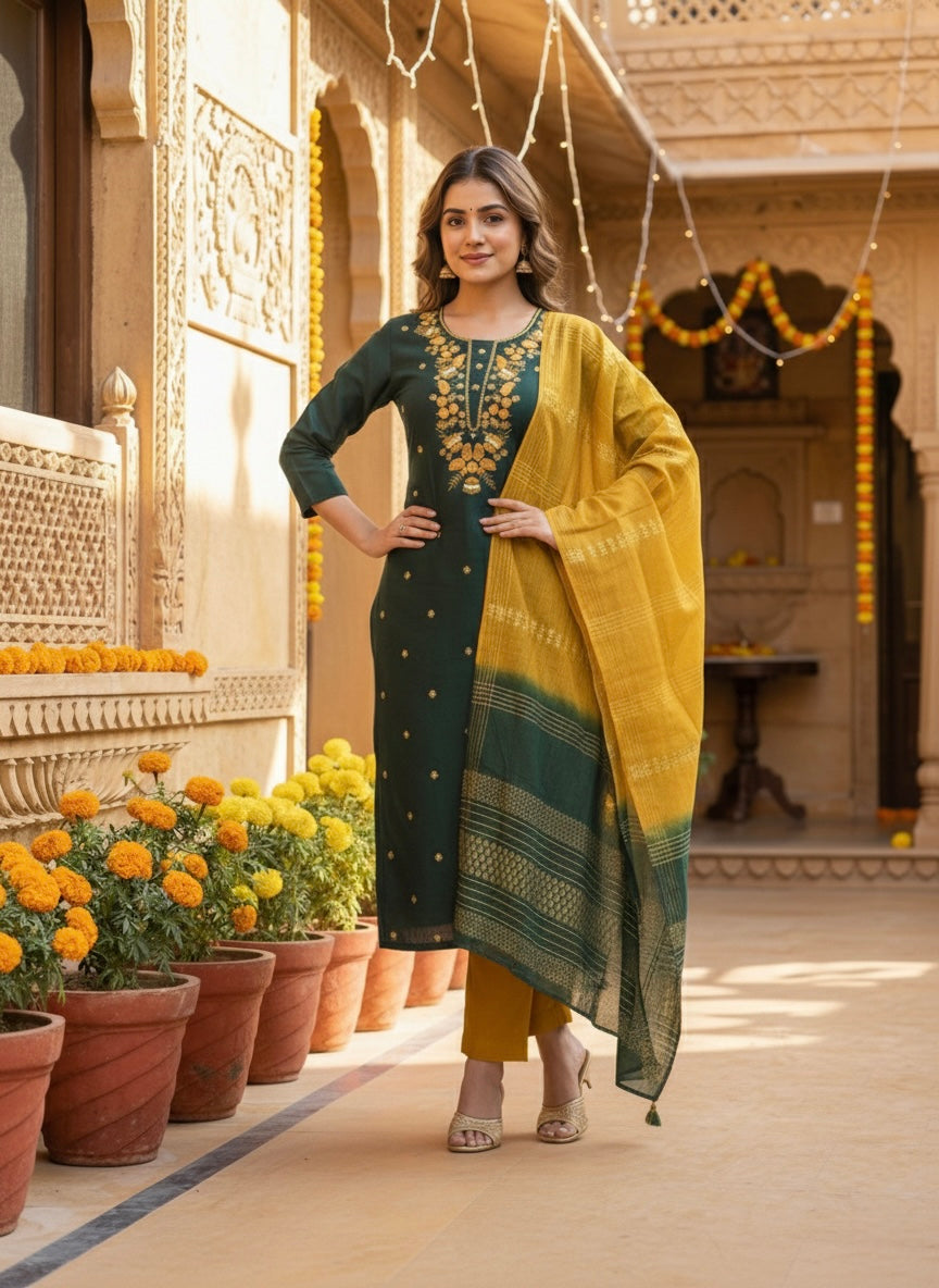 Women’s Vetican Fabric Embroidered Bottle Green Kurta Set with Pant and Dupatta