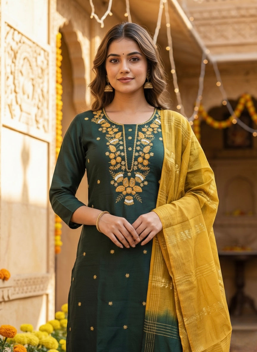 Women’s Vetican Fabric Embroidered Bottle Green Kurta Set with Pant and Dupatta