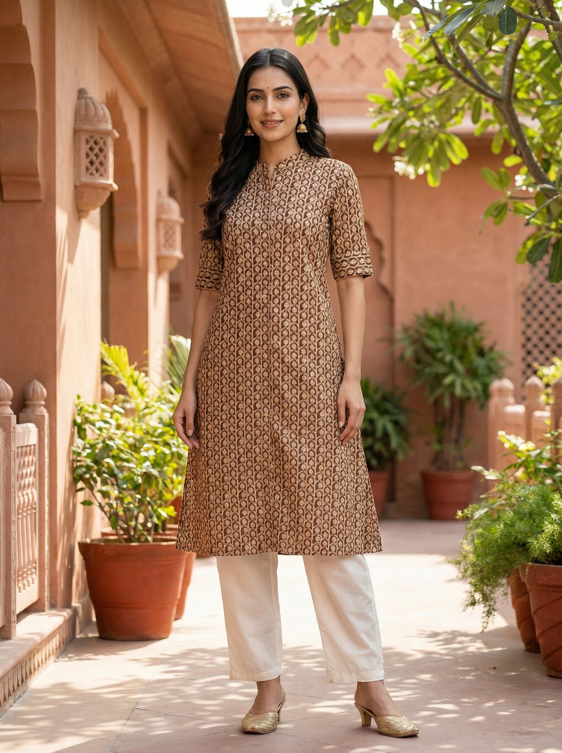 Women’s Jaipuri Printed Pure Cotton Coffee A-Line Kurta with 3/4 Sleeves & Front Button Placket