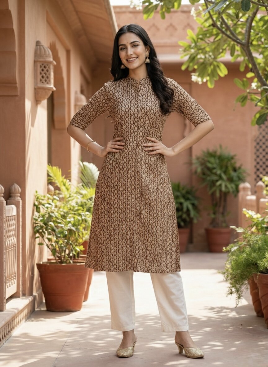 Women’s Jaipuri Printed Pure Cotton Coffee A-Line Kurta with 3/4 Sleeves & Front Button Placket