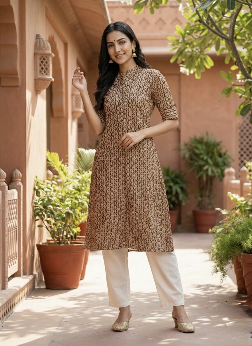 Women’s Jaipuri Printed Pure Cotton Coffee A-Line Kurta with 3/4 Sleeves & Front Button Placket