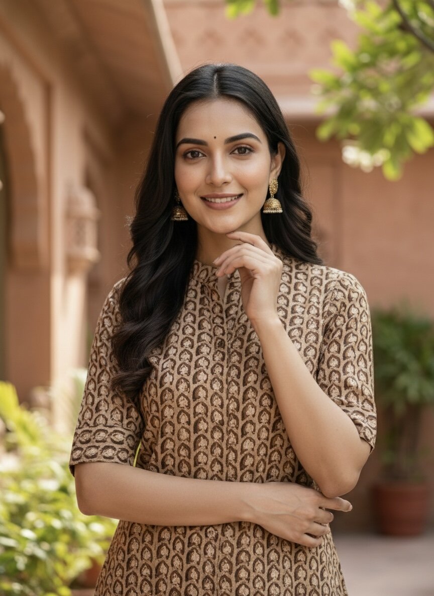 Women’s Jaipuri Printed Pure Cotton Coffee A-Line Kurta with 3/4 Sleeves & Front Button Placket