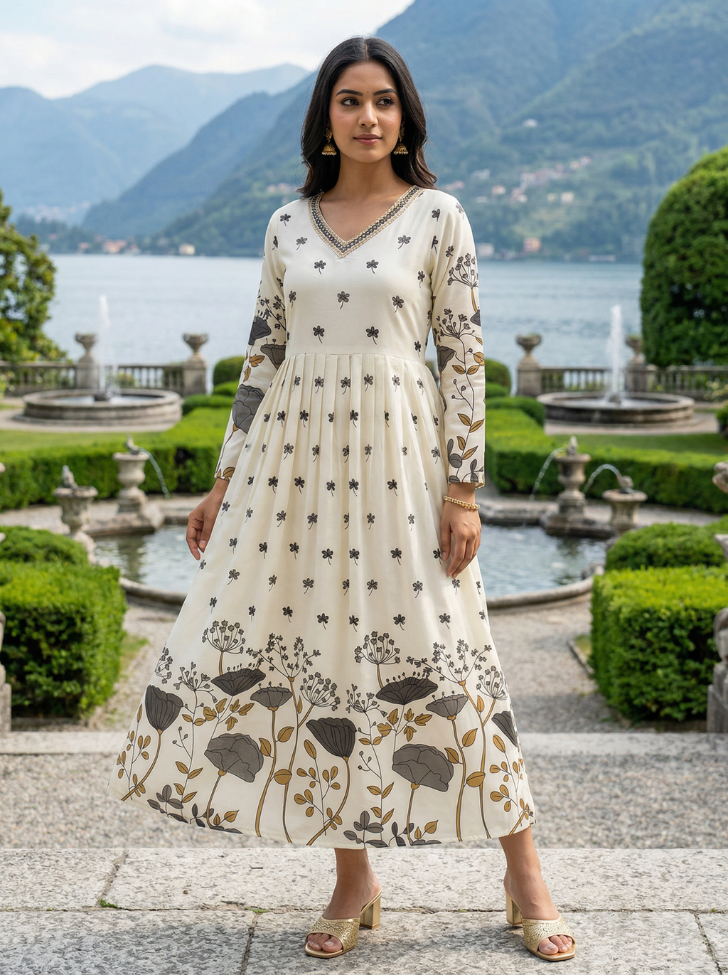 Women’s Rayon Slub Floral Printed Grey Anarkali Kurti with V-Neck and Long Sleeves