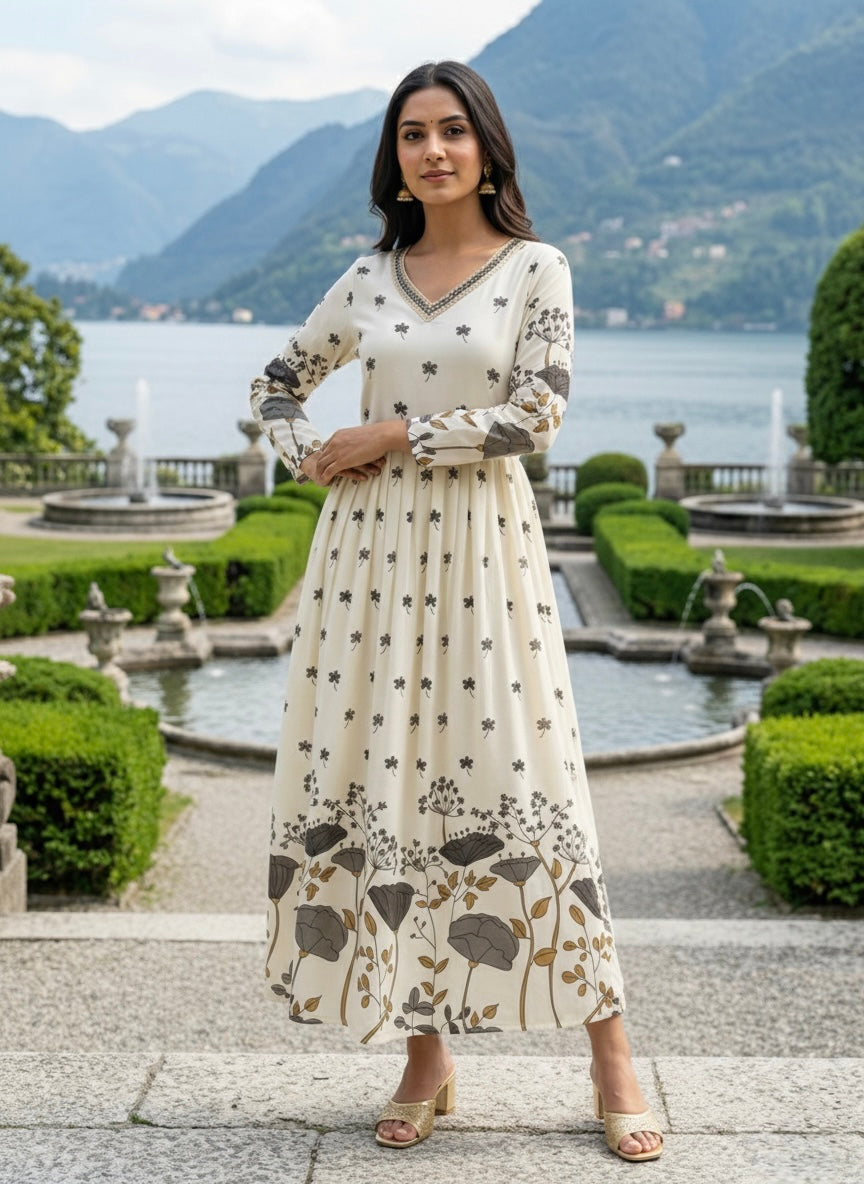 Women’s Rayon Slub Floral Printed Grey Anarkali Kurti with V-Neck and Long Sleeves