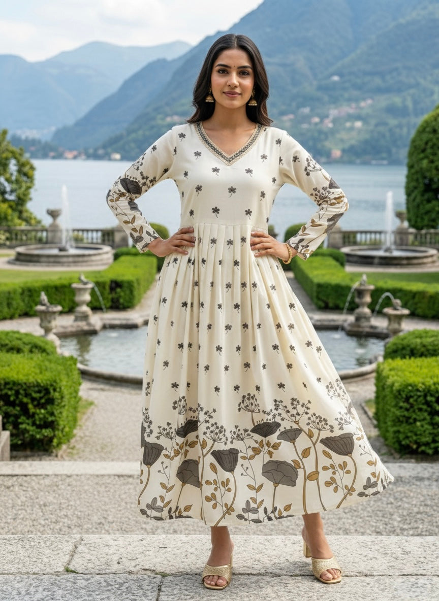 Women’s Rayon Slub Floral Printed Grey Anarkali Kurti with V-Neck and Long Sleeves