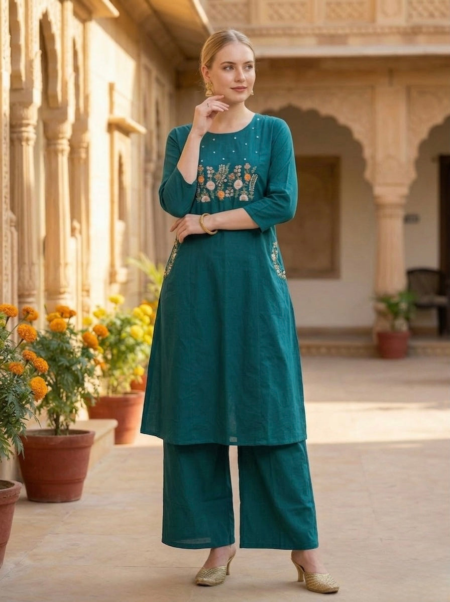 Premium Rama Jaipuri pure Cotton Embroidered Co-Ord Set for Women