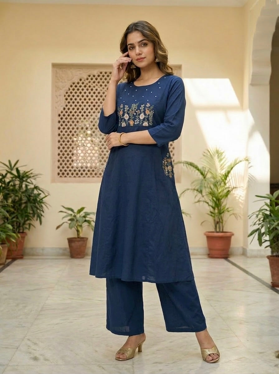 Premium Navy Blue Jaipuri pure Cotton Embroidered Co-Ord Set for Women