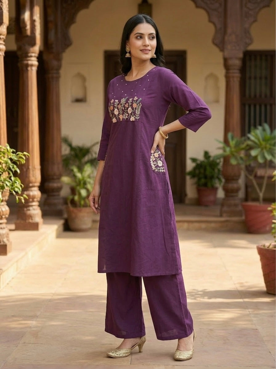 Premium Wine Jaipuri pure Cotton  Embroidered Co-Ord Set for Women