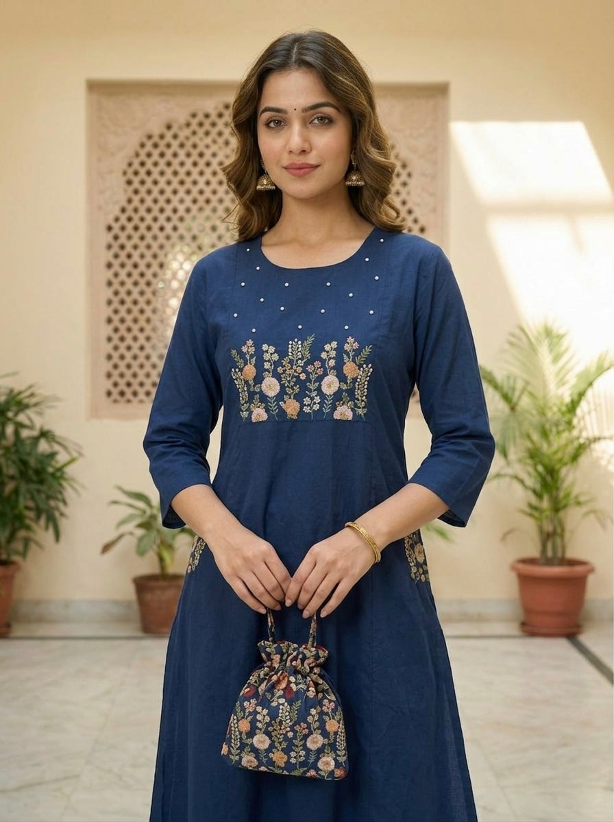 Premium Navy Blue Jaipuri pure Cotton Embroidered Co-Ord Set for Women