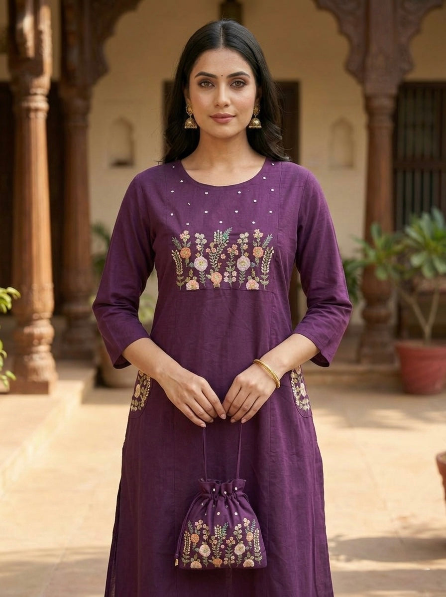 Premium Wine Jaipuri pure Cotton  Embroidered Co-Ord Set for Women
