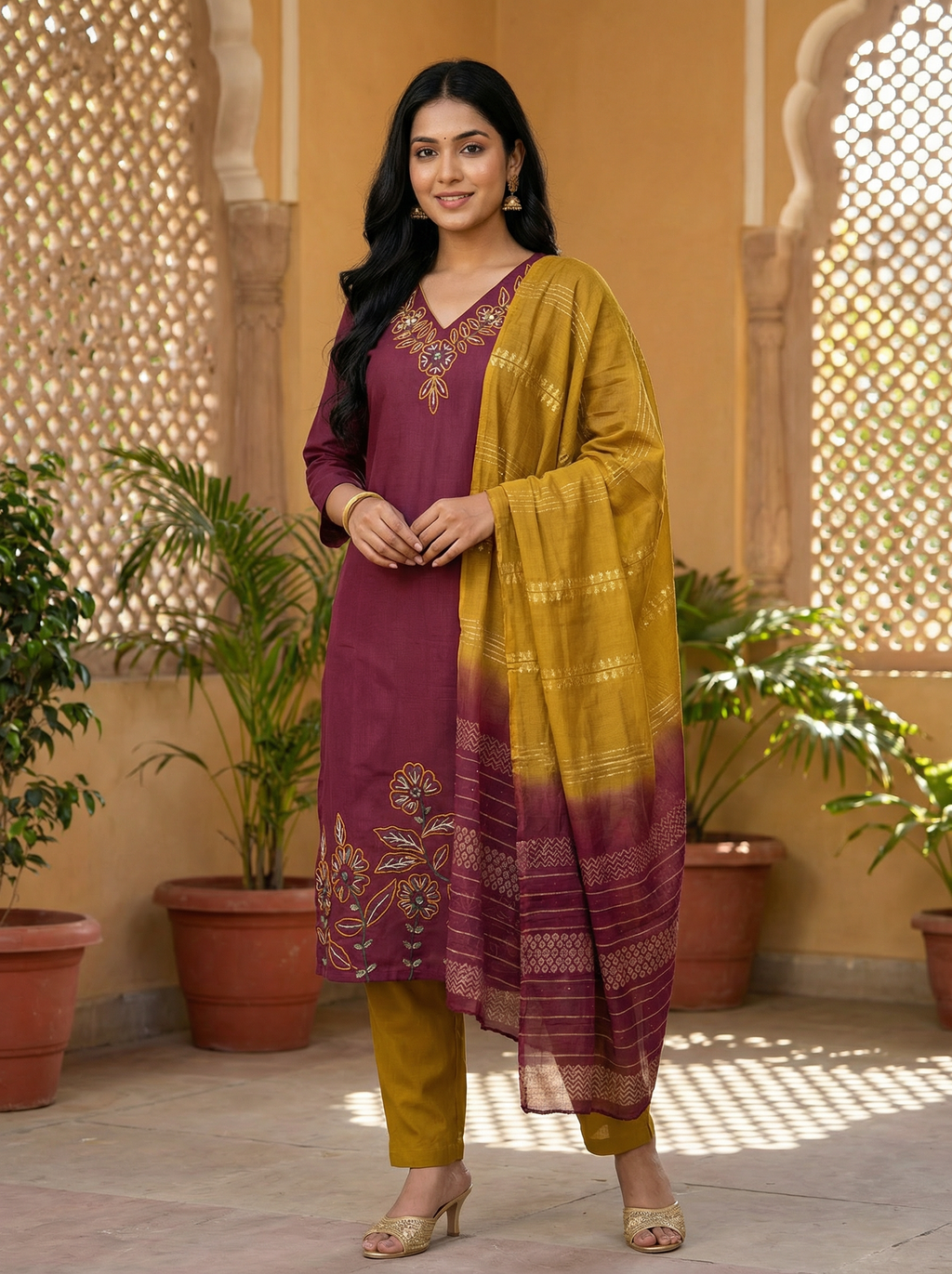 Women’s Vetican Fabric Embroidered Maroon Kurta Set with Pant and Dupatta