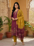 Women’s Vetican Fabric Embroidered Maroon Kurta Set with Pant and Dupatta