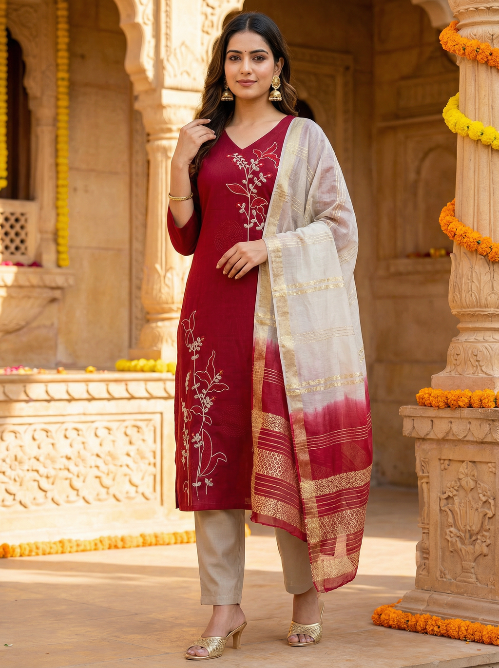 Women’s Vetican Fabric Maroon Embroidered Kurta Set with Pant and Dupatta