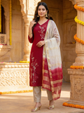 Women’s Vetican Fabric Maroon Embroidered Kurta Set with Pant and Dupatta